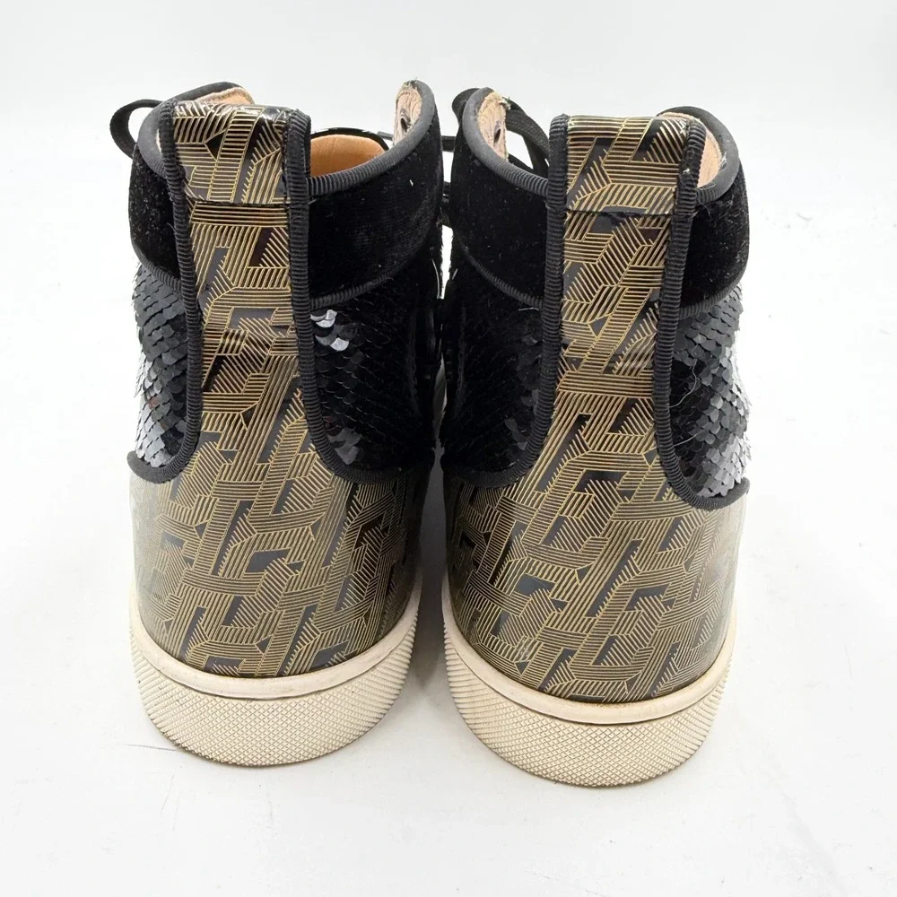 Christian Louboutin Lou Spikes‎ Sneakers Black Sequin High Top Sz 41.5 / 8.5 Men